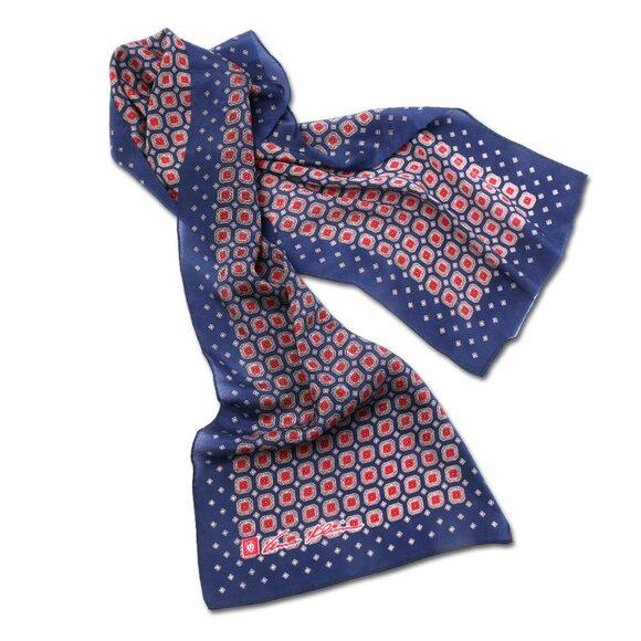 Vintage Anne Klein Silk Neck Hair Scarf Long Geometric Medallion Navy Red - Picture 2 of 6